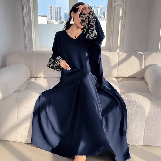 Damen Fließendes Maxikleid mit eleganten Ärmeln und V-Ausschnitt R&B