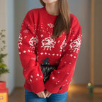 Damen gestrickter Weihnachtspullover mit festlichen Motiven und lässigem Schnitt R&B