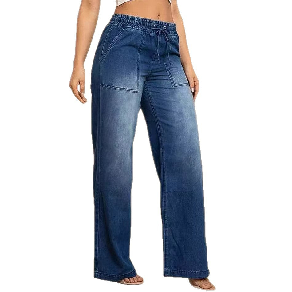 Damen Weit geschnittene Jeanshose mit elastischem Bund und modischem Used-Look R&B