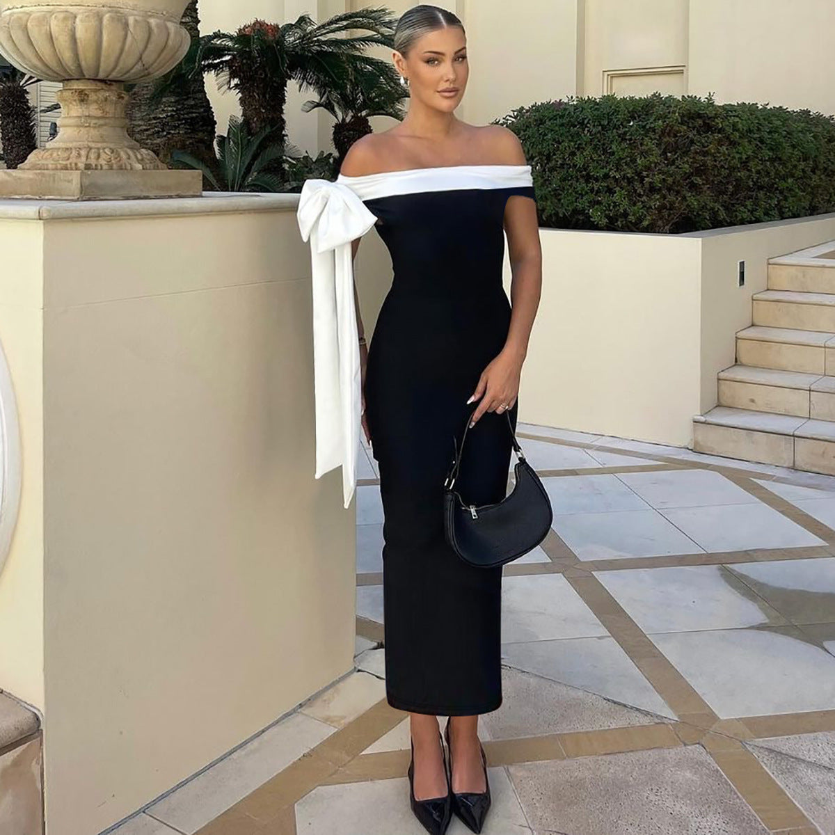 Damen Elegantes schulterfreies Maxikleid mit Schleifendetail R&B