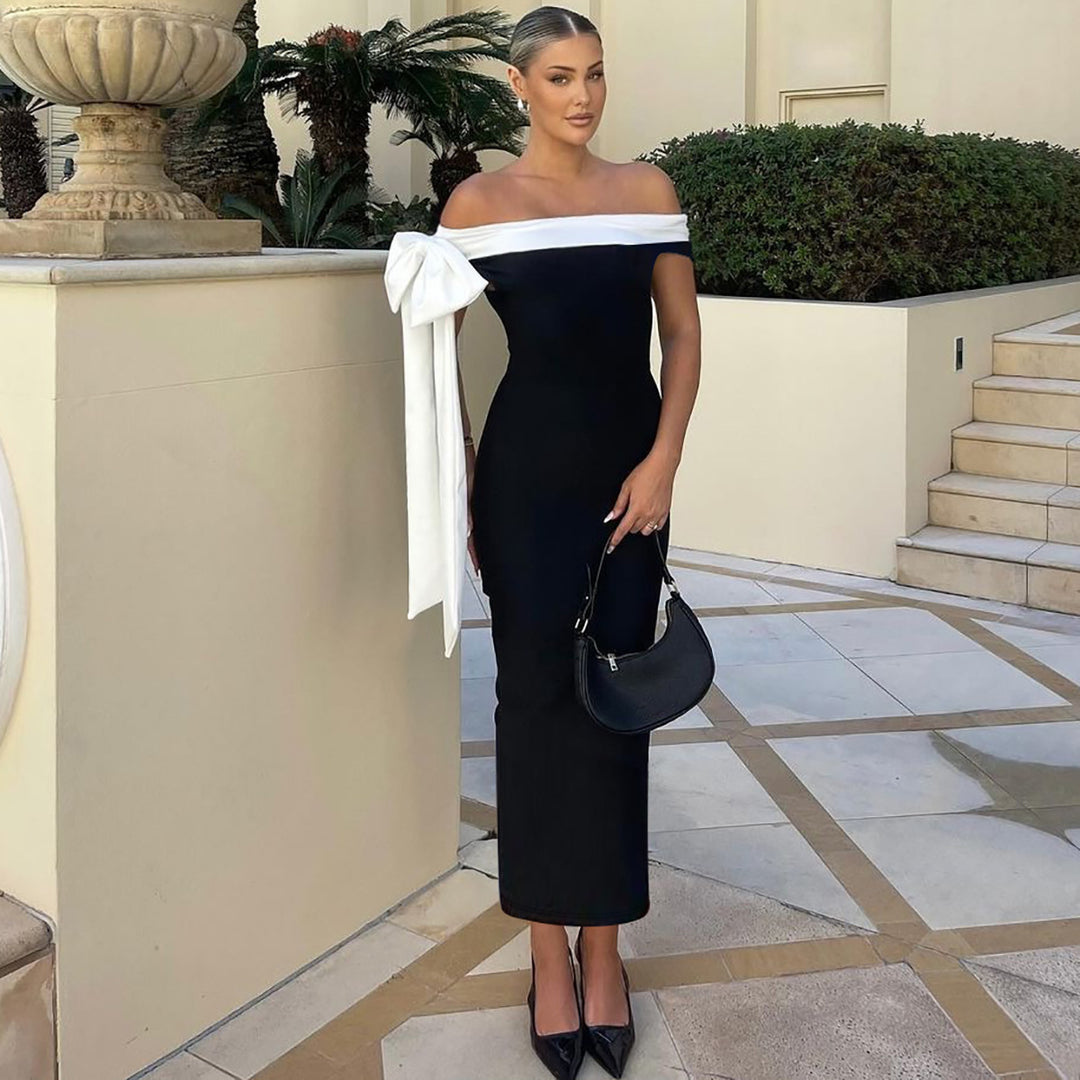 Damen Elegantes Maxikleid mit schulterfreiem Design und dekorativem Schleifendetail R&B
