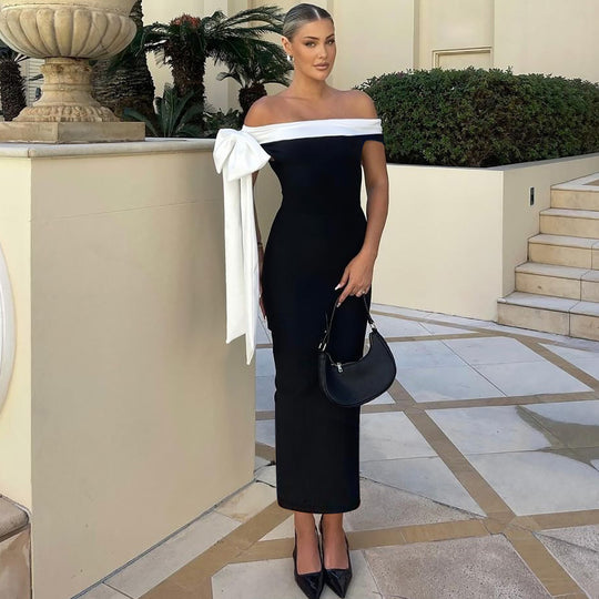 Damen Elegantes Maxikleid mit schulterfreiem Design und dekorativem Schleifendetail R&B
