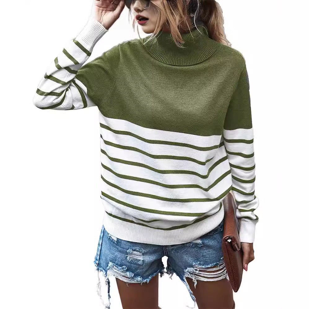Damen gemütlicher Rollkragenpullover mit Streifenmuster R&B