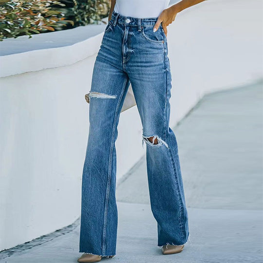 Damen Weit geschnittene High-Waist Jeans mit modischen Destroyed-Details R&B