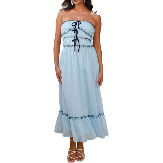 Damen Maxikleid mit dekorativen Rüschendetails und verstellbarem Bindegürtel R&B