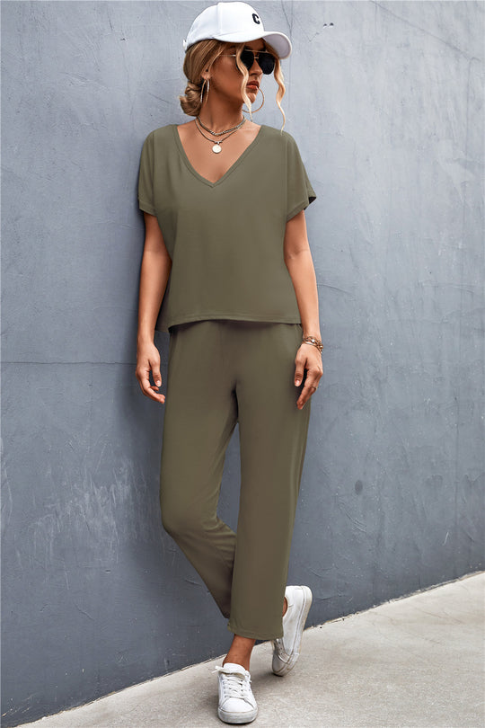 Damen Lounge-Set mit lässigem V-Ausschnitt und elastischen Bündchen R&B