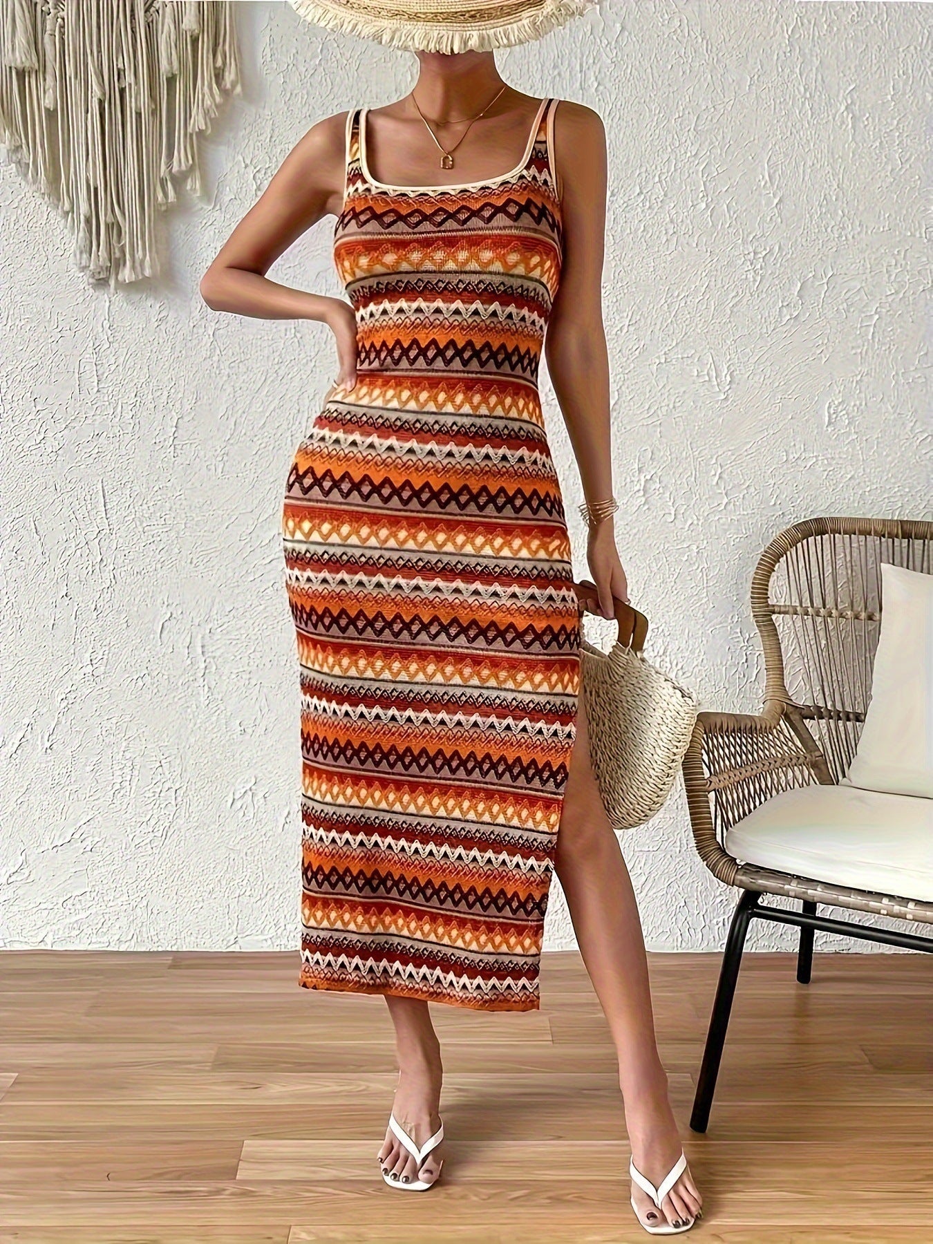 Damen Maxikleid mit auffälligem geometrischem Muster und seitlichem Schlitz R&B