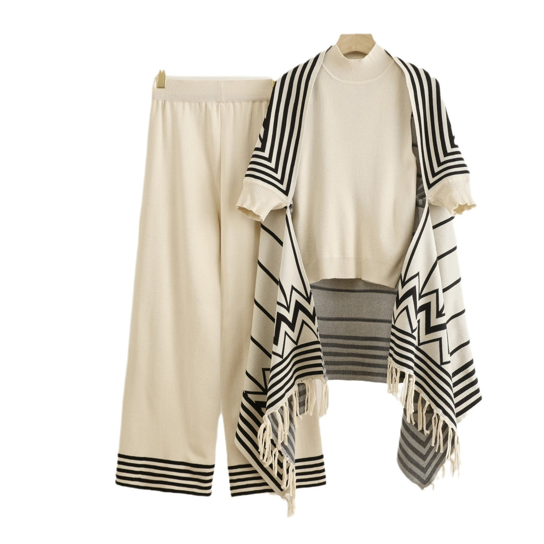 Damen elegantes Strick-Kombinationsset mit hochgeschlossenem Oberteil und weiten Hosen R&B
