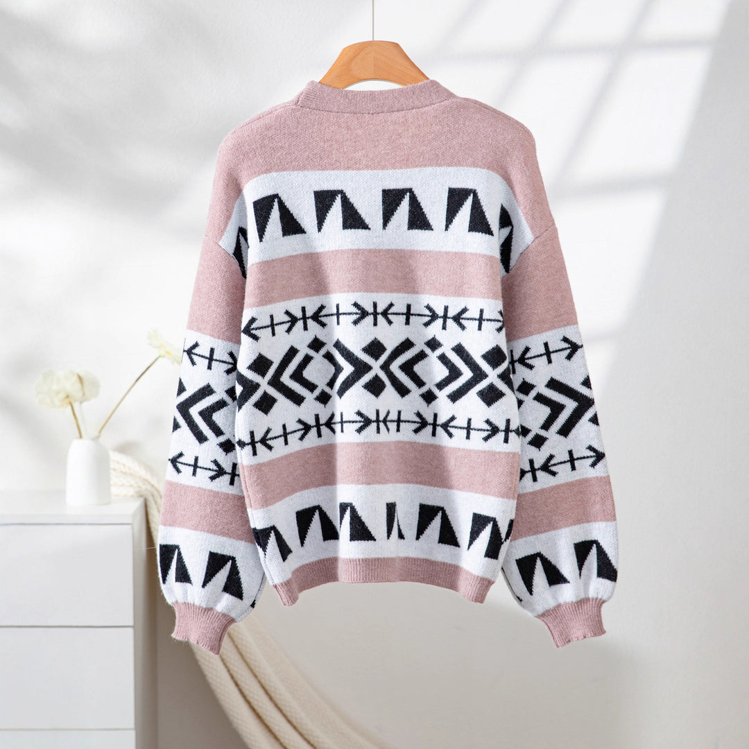 Damen gemütliche Strickjacke mit dekorativem Ethnomuster und offenem Schnitt R&B