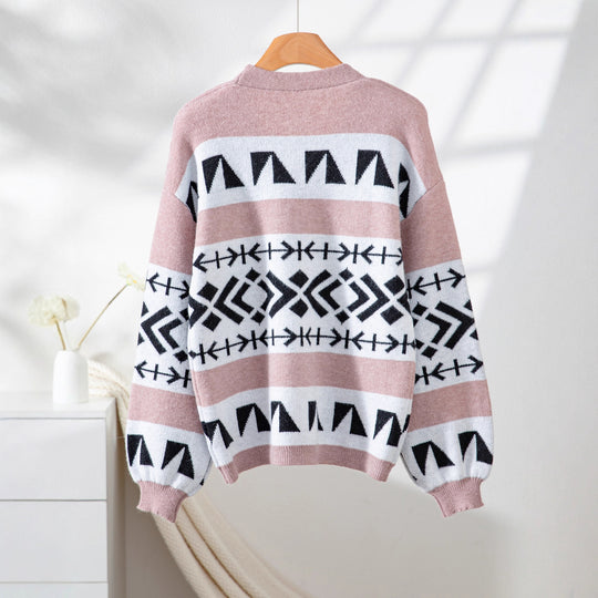 Damen gemütliche Strickjacke mit dekorativem Ethnomuster und offenem Schnitt R&B
