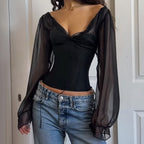 Damen elegantes Oberteil mit transparenten Ärmeln und schmaler Silhouette R&B