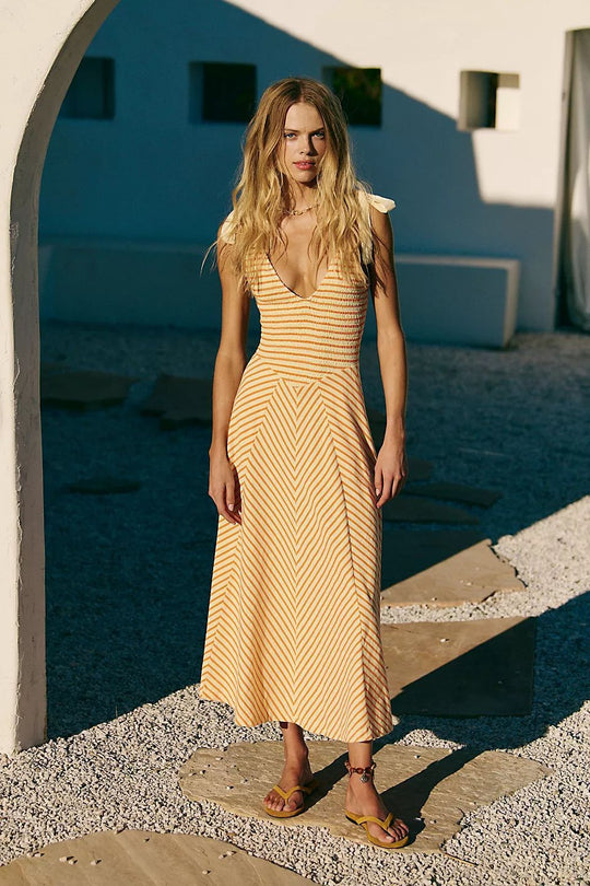 Damen Maxi-Sommerkleid mit verspielten Trägern und elegantem V-Ausschnitt R&B
