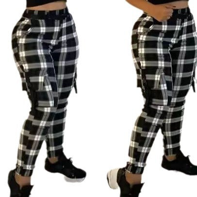 Damen Karierte Cargo-Hose mit elastischem Bund und vielseitigen Taschen R&B