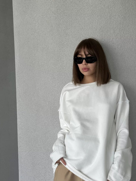 Damen Lässiger Oversized-Pullover mit abgerundetem Saum und langen Ärmeln R&B