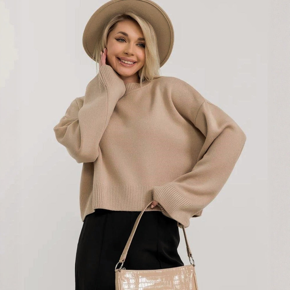 Damen cropped Strickpullover mit voluminösen Ärmeln und Rundhalsausschnitt R&B