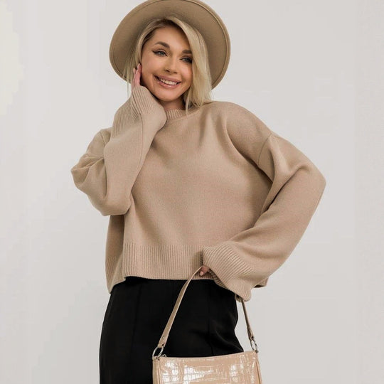 Damen cropped Strickpullover mit voluminösen Ärmeln und Rundhalsausschnitt R&B