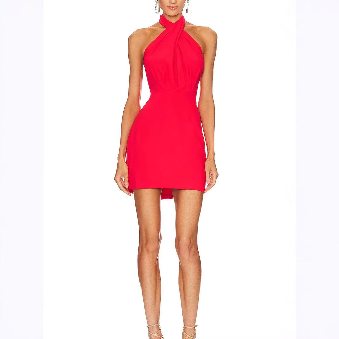 Damen elegantes Halterneck Minikleid mit figurbetontem Schnitt und raffinierter Drapierung R&B
