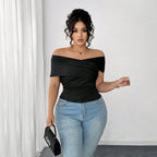 Damen elegantes Wickeloberteil mit schulterfreiem Design und Raffung R&B