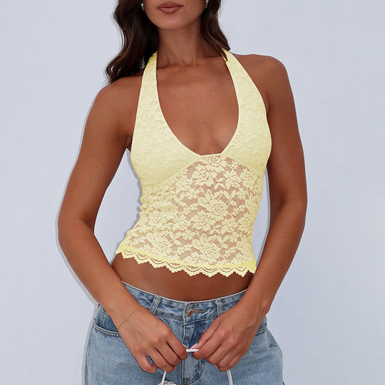 Damen Spitzen-Crop-Top mit tiefem V-Ausschnitt R&B