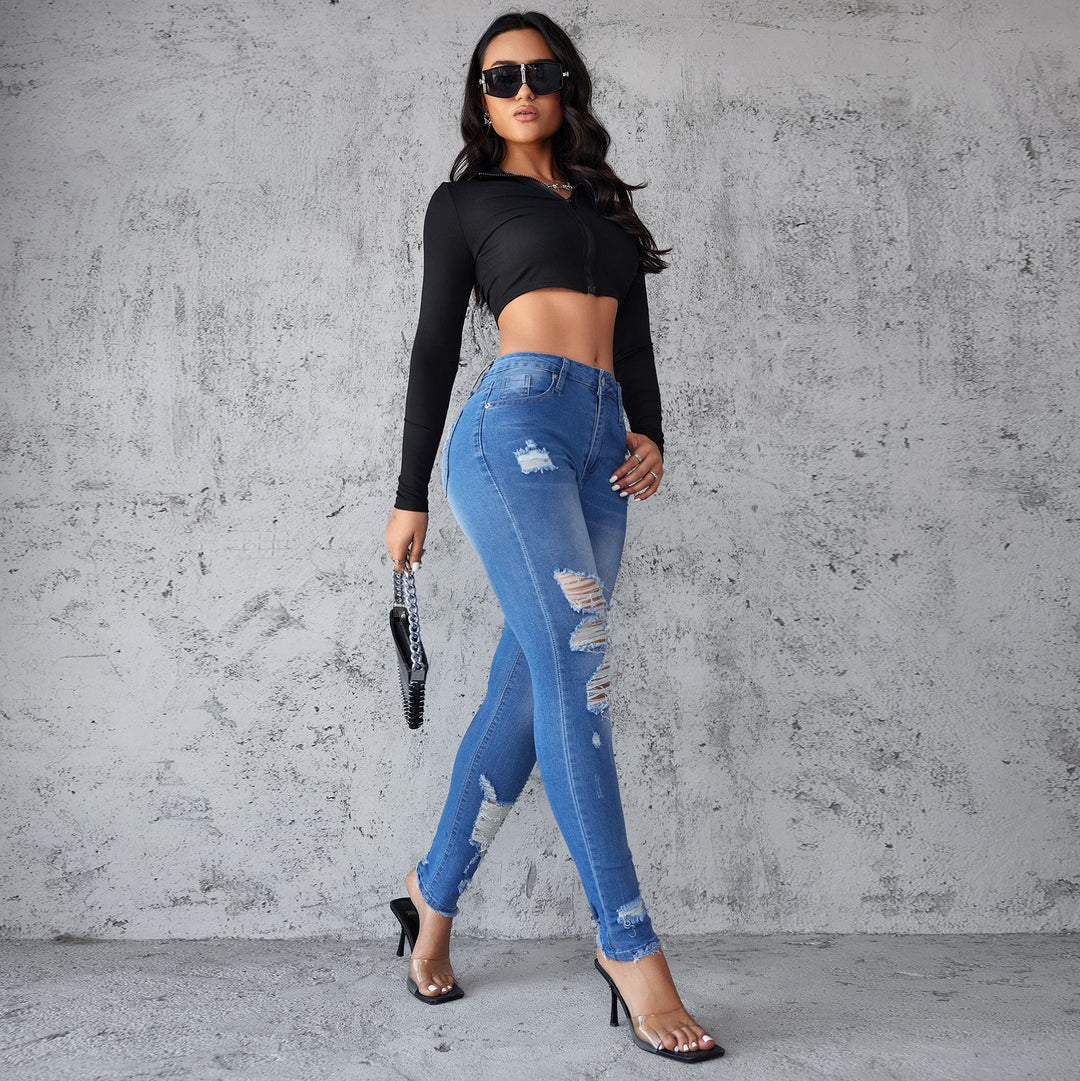 Damen Skinny Jeans im trendigen Destroyed-Design mit hoher Taille R&B