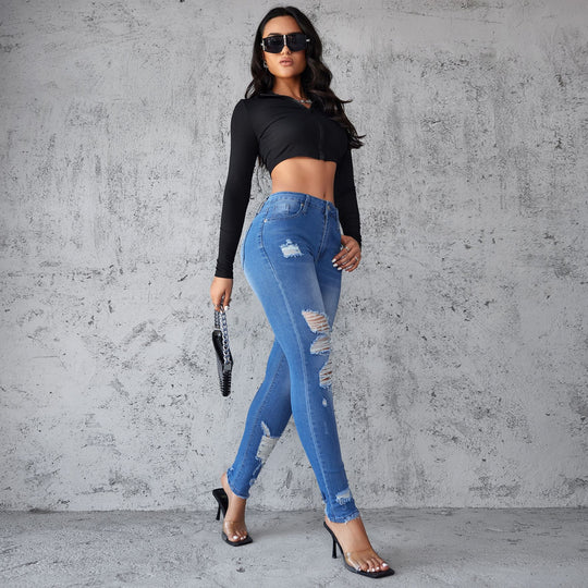 Damen Skinny Jeans im trendigen Destroyed-Design mit hoher Taille R&B