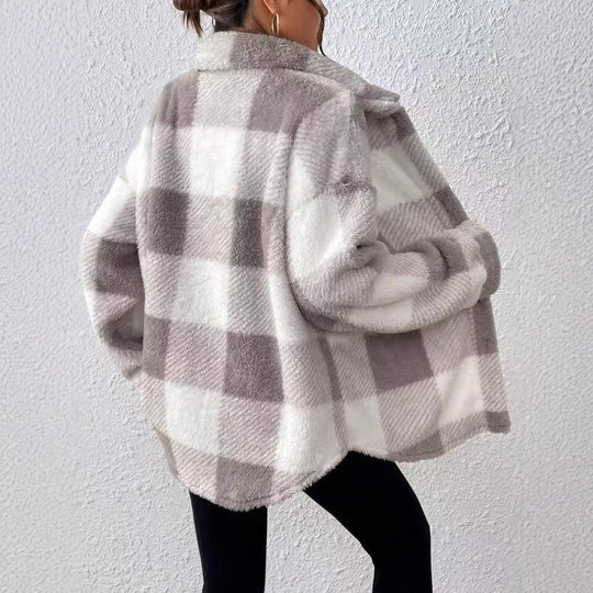 Damen Modische Plüschjacke im Karomuster R&B