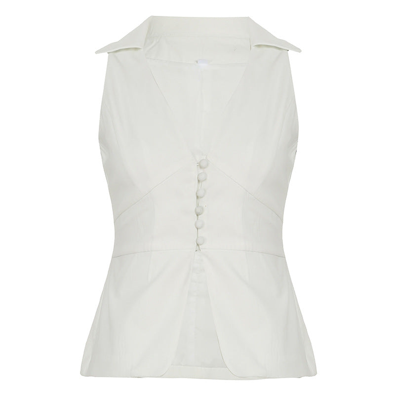 Damen ärmelloses Blazer-Oberteil mit elegantem Schnitt und geschmackvollen Knopfdetails R&B