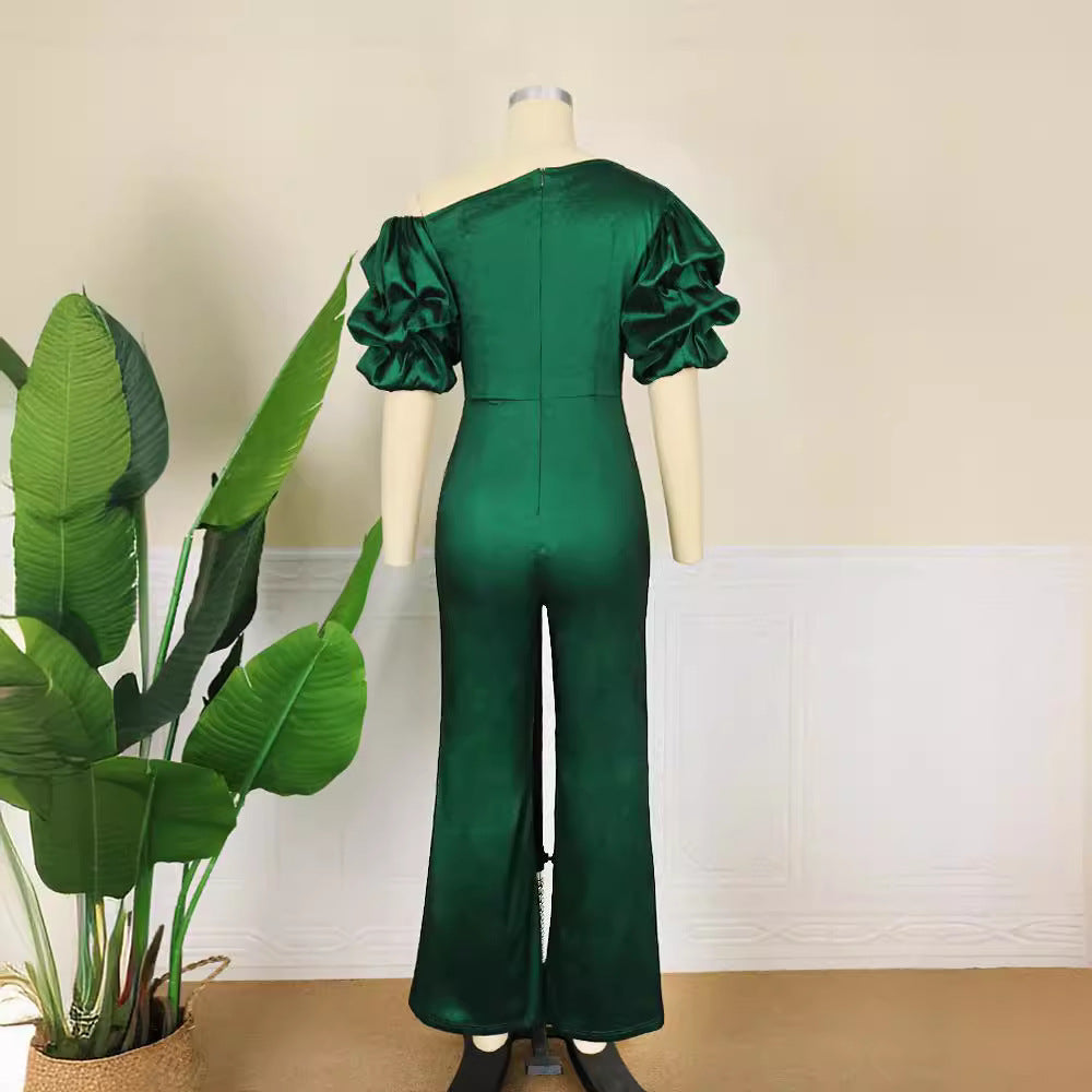 Damen Eleganter Jumpsuit mit asymmetrischen Puffärmeln R&B