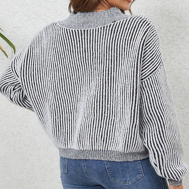 Damen lässiger V-Ausschnitt Pullover mit Streifenmuster R&B