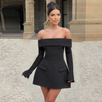 Damen Offshoulder Mini-Kleid mit eleganten Ärmeln und praktischen Taschen R&B