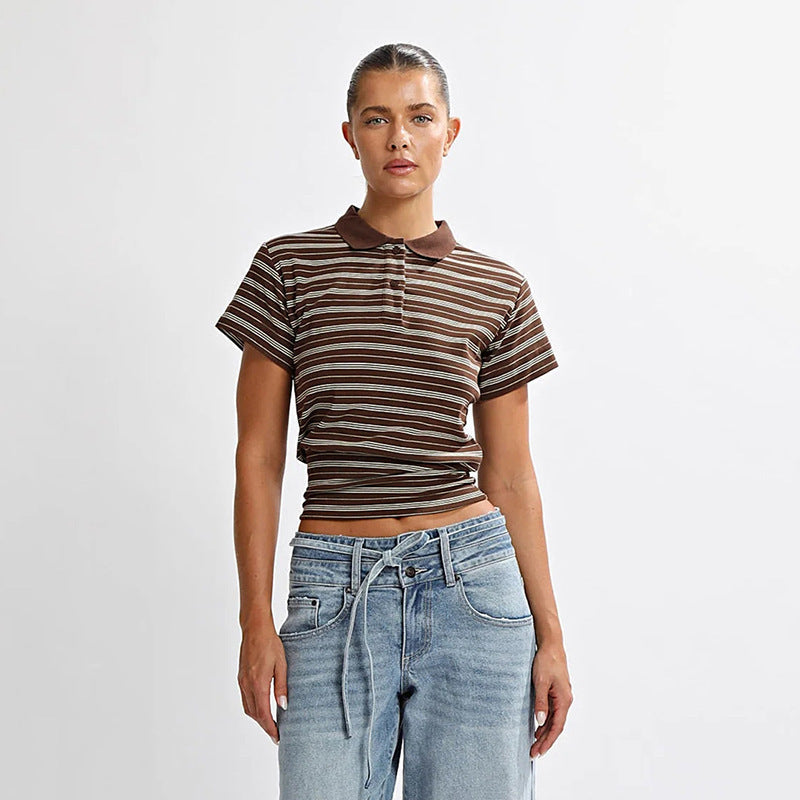 Damen Polo-Shirt mit eleganter Längsstreifen-Optik und klassischem Kragen R&B