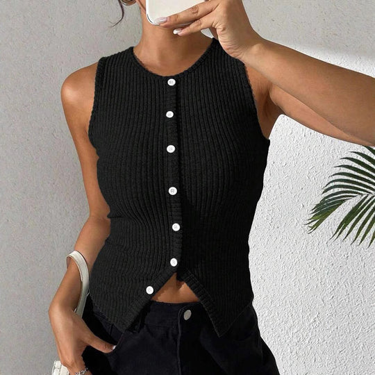 Damen Rippstrick Top mit Knopfleiste und schmalem Schnitt R&B