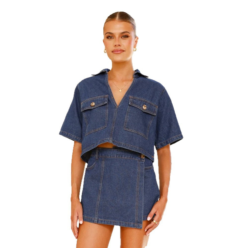 Damen Denim-Kurzarm-Oberteil mit passendem Wickelrock R&B