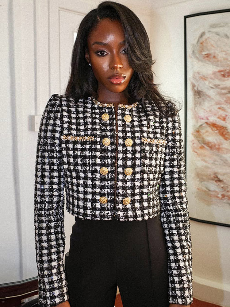 Damen Modische Tweed-Jacke mit goldenen Knöpfen R&B
