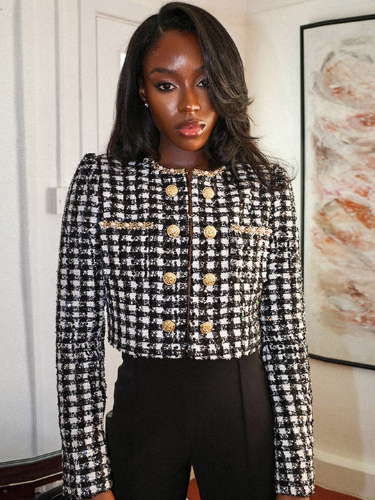 Damen Modische Tweed-Jacke mit goldenen Knöpfen R&B
