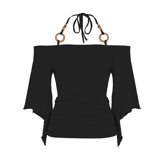 Damen Off-Shoulder Oberteil mit voluminösen Ärmeln und dekorativen Bindedetails R&B