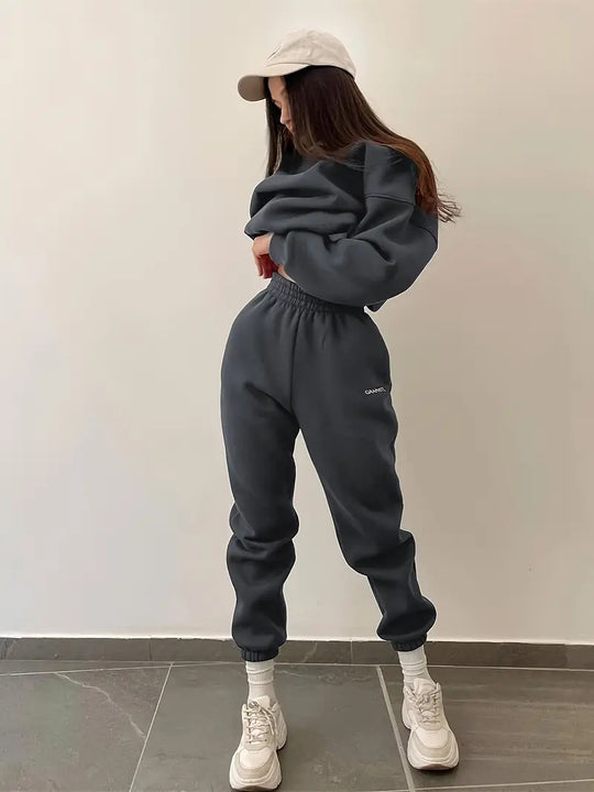 Damen lässiges Fleece-Jogginganzug-Set mit elastischem Bund und lässigem Schnitt R&B