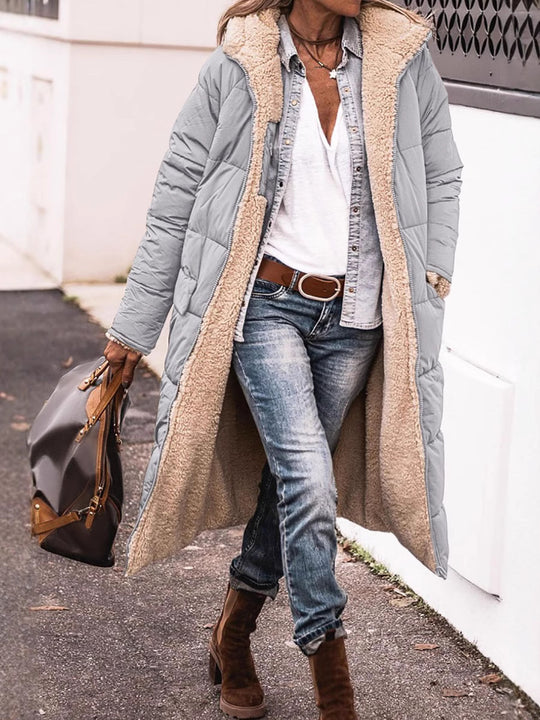 Damen lange Steppjacke mit kuscheligem Teddyfutter und großem Revers R&B