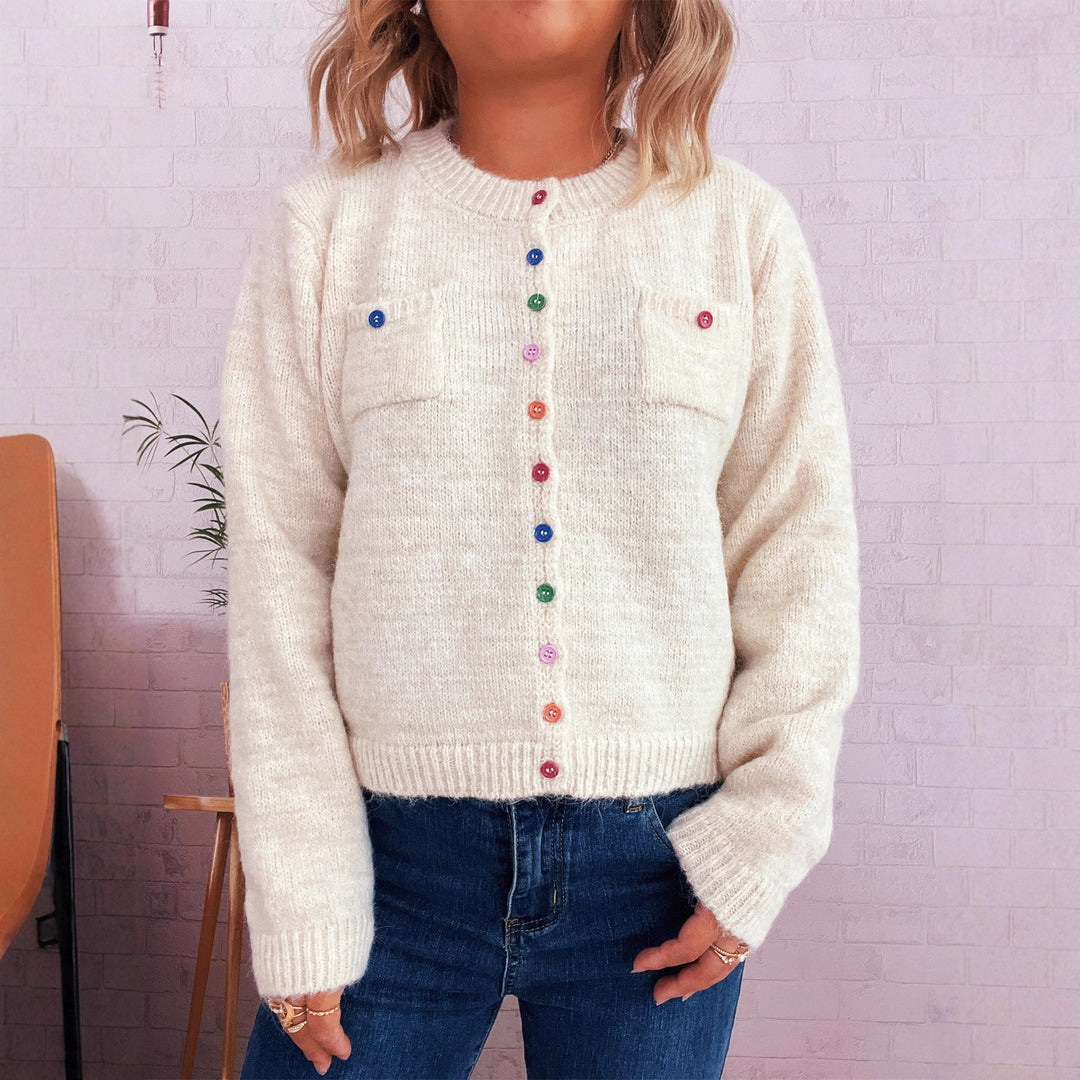 Damen Strickjacke mit bunten Knopfdetails und praktischen Taschen R&B