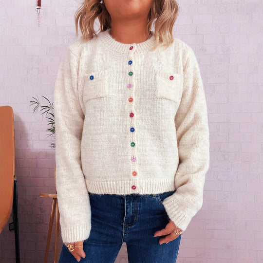 Damen Strickjacke mit bunten Knopfdetails und praktischen Taschen R&B