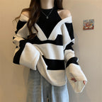 Damen V-Ausschnitt Oversized-Pullover mit modischem Streifenmuster und offenem Schulterdesign R&B