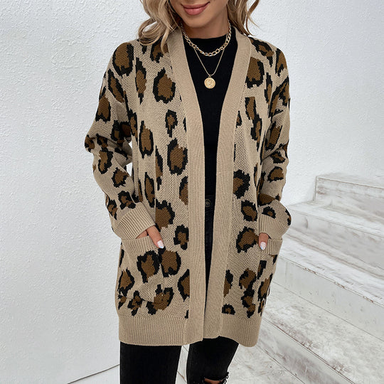 Damen modische Strickjacke mit Leopardenmuster und praktischen Taschen R&B