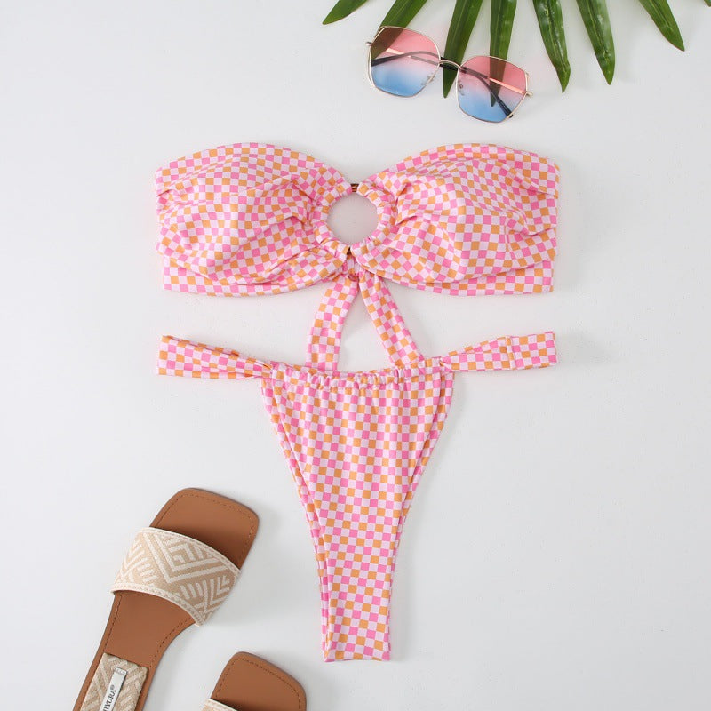 Damen Bandeau Bikini mit kreativem Raffungseffekt und verspieltem Design R&B