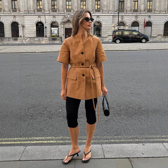 Damen modische Übergangsjacke mit Gürtel und praktischen Taschen R&B
