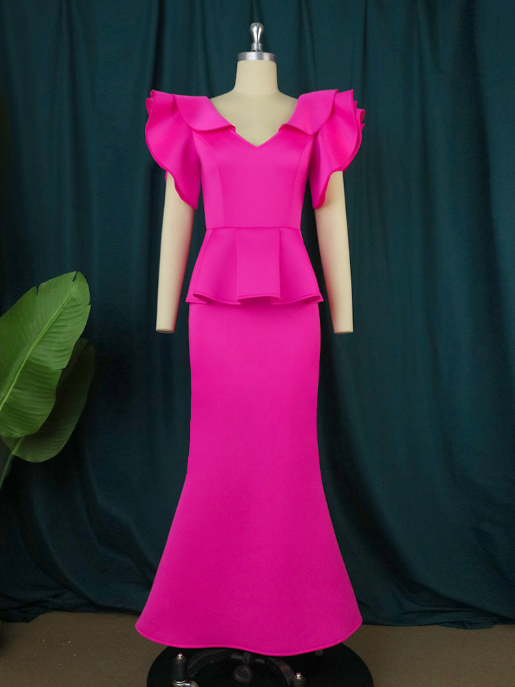 Damen elegantes Peplum-Abendkleid mit voluminösen Ärmeln R&B