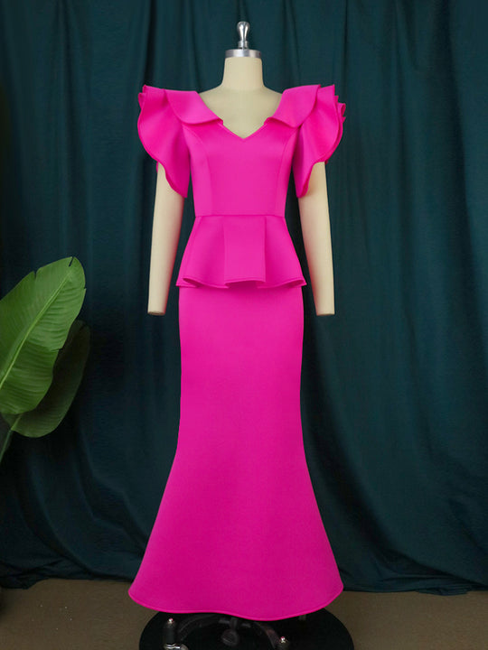 Damen elegantes Peplum-Abendkleid mit voluminösen Ärmeln R&B