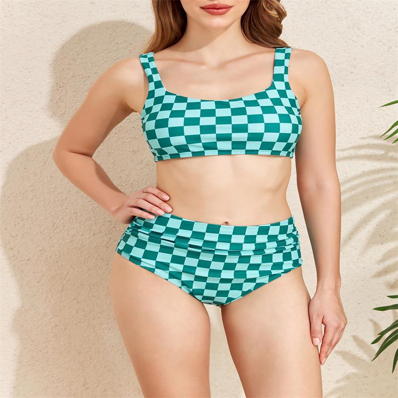 Damen Bikini-Set mit modischem Karomuster und hohem Taillenschnitt R&B