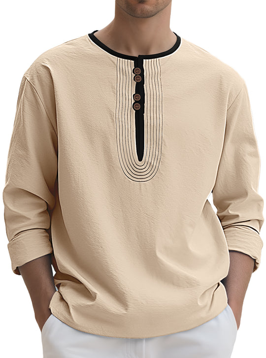 Herren nan weit geschnittenes Langarm-Kurta-Oberteil mit dekorativen Biesen und Holzknopfleiste R&B