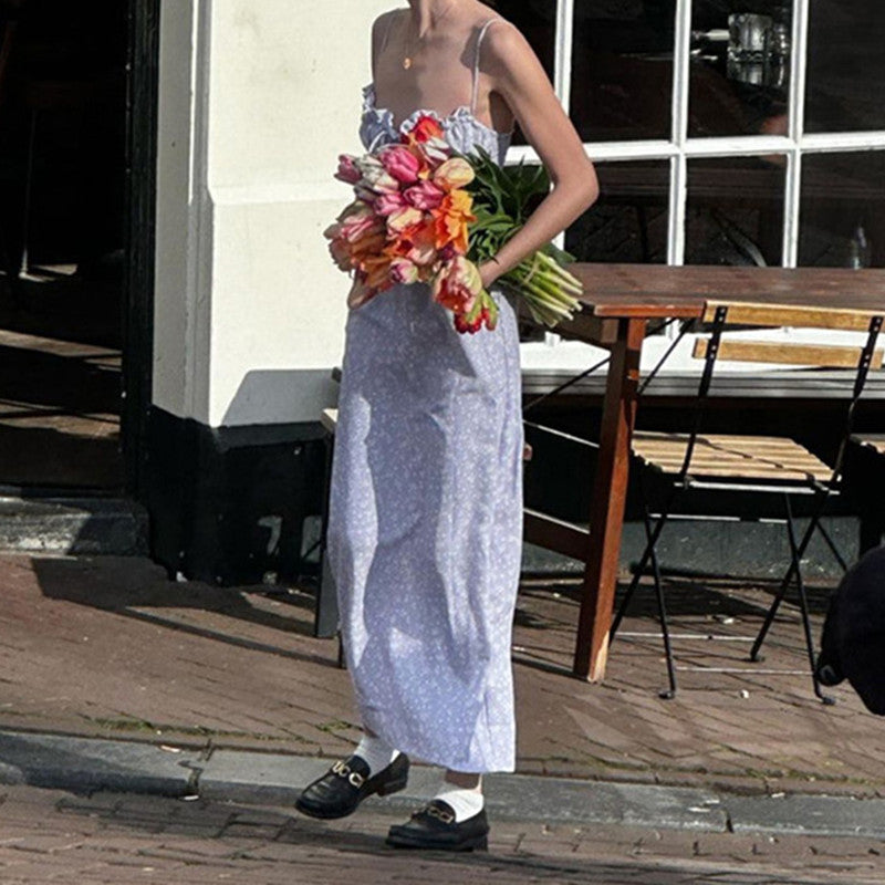 Damen Blumenkleid mit Rüschen und Spaghetti-Trägern R&B