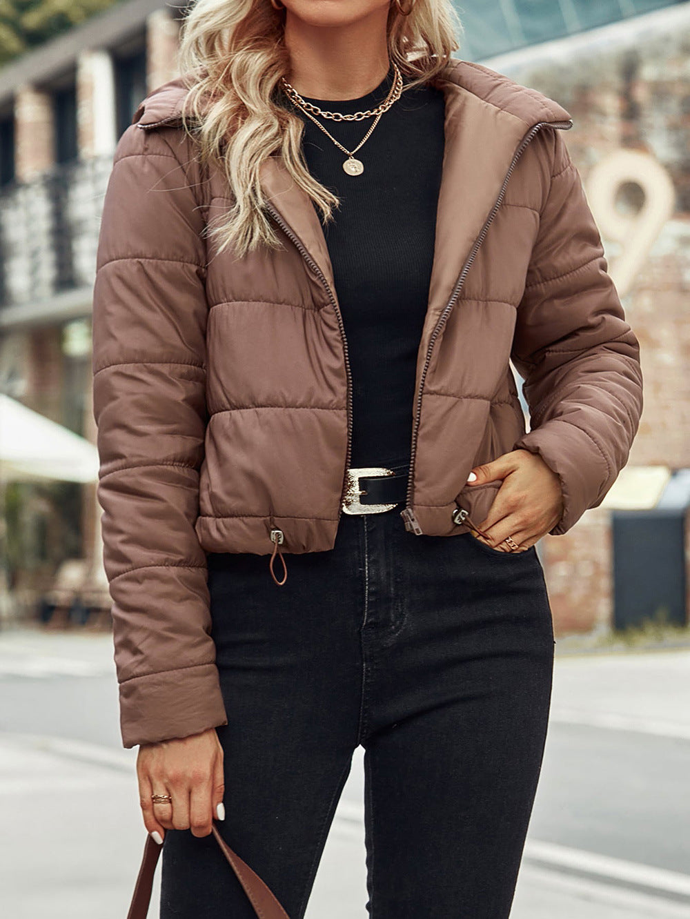 Damen lässige Steppjacke mit verstellbarem Bund und Kapuze R&B